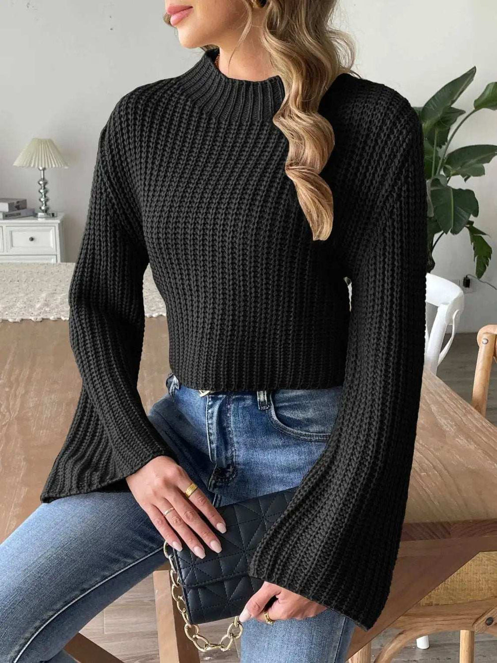 Mock Neck Long Sleeve Sweater - Trendsi - Flyclothing LLC