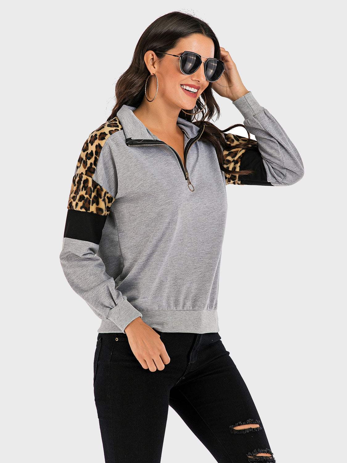 Perfee Contrast Leopard Half Zip Long Sleeve Sweatshirt - Trendsi - Flyclothing LLC
