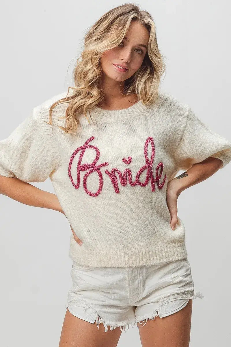 BiBi Metallic Letter Short Puff Sleeve Hairy Sweater - Trendsi - Flyclothing LLC