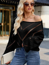 Openwork Boat Neck Long Sleeve Sweater - Trendsi - Flyclothing LLC
