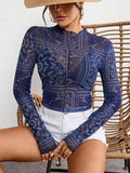 Paisley Mock Neck Long Sleeve Sheer Top - Trendsi