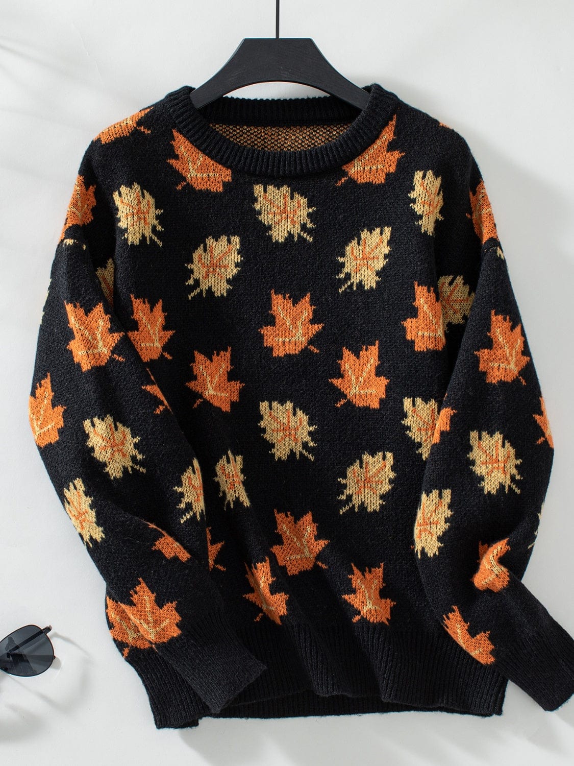Maple Leaf Round Neck Long Sleeve Sweater - Trendsi