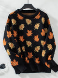 Maple Leaf Round Neck Long Sleeve Sweater - Trendsi