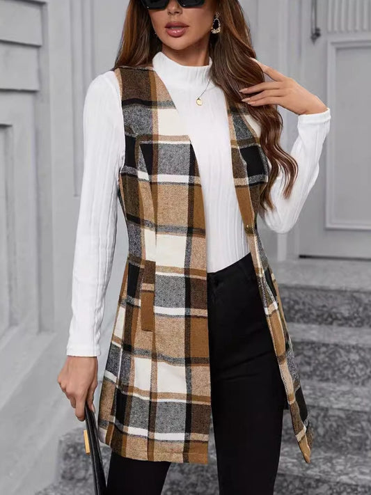 Plaid V-Neck Vest Coat - Trendsi