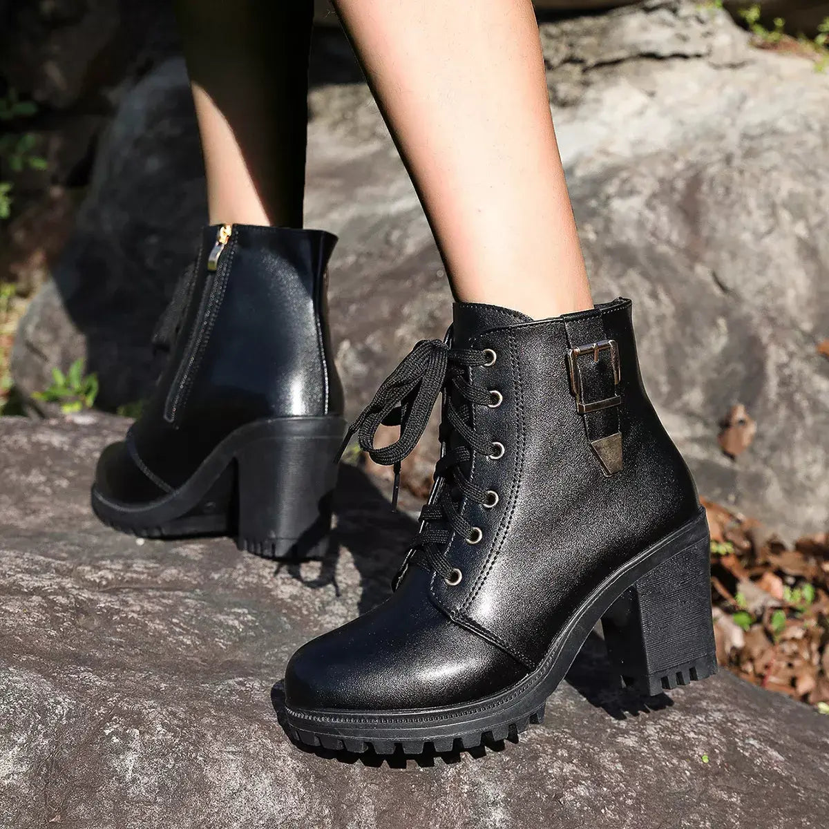 Lace Up Block Heels Boots - Trendsi - Flyclothing LLC