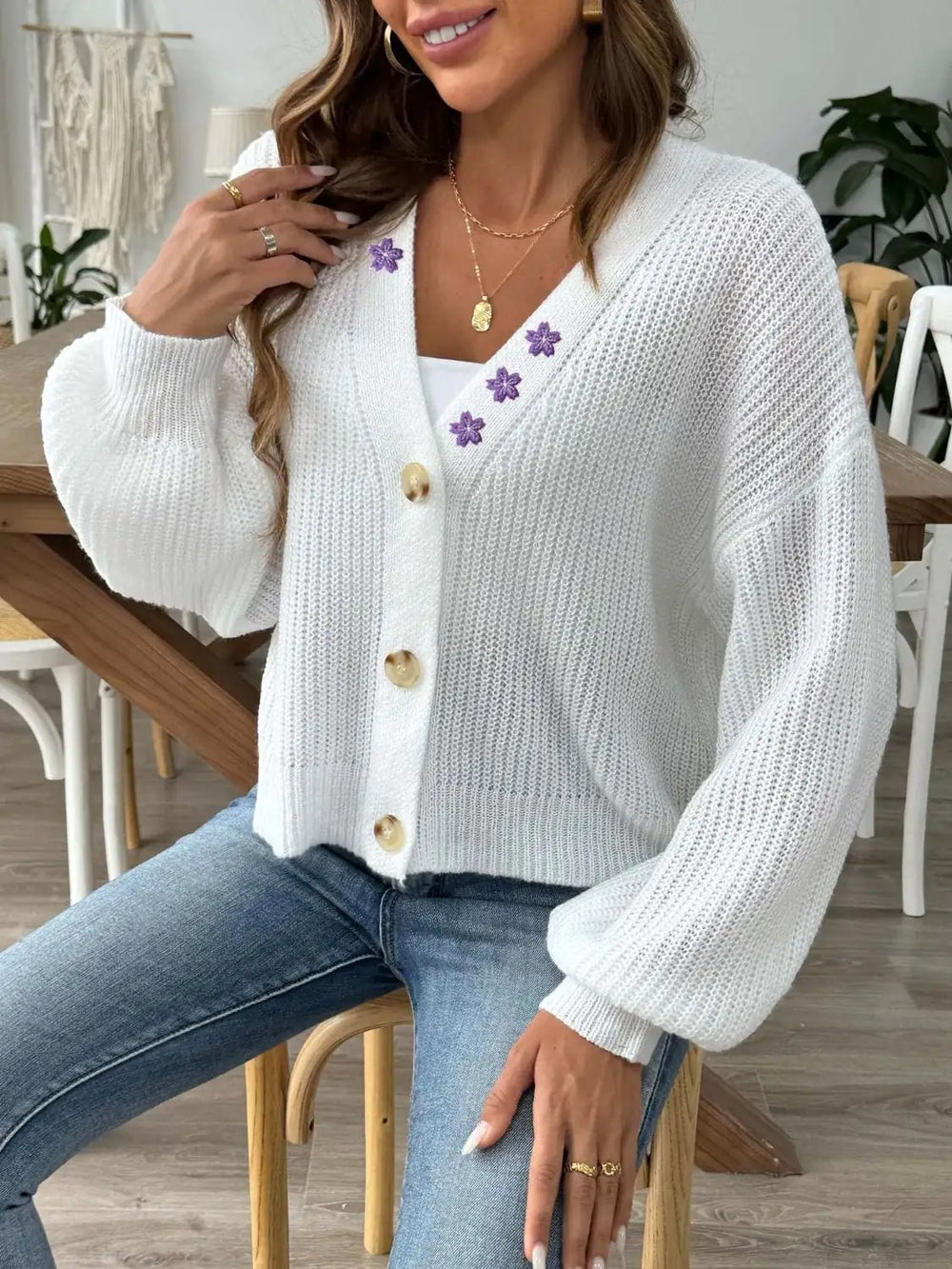 V-Neck Button Up Long Sleeve Cardigan - Trendsi