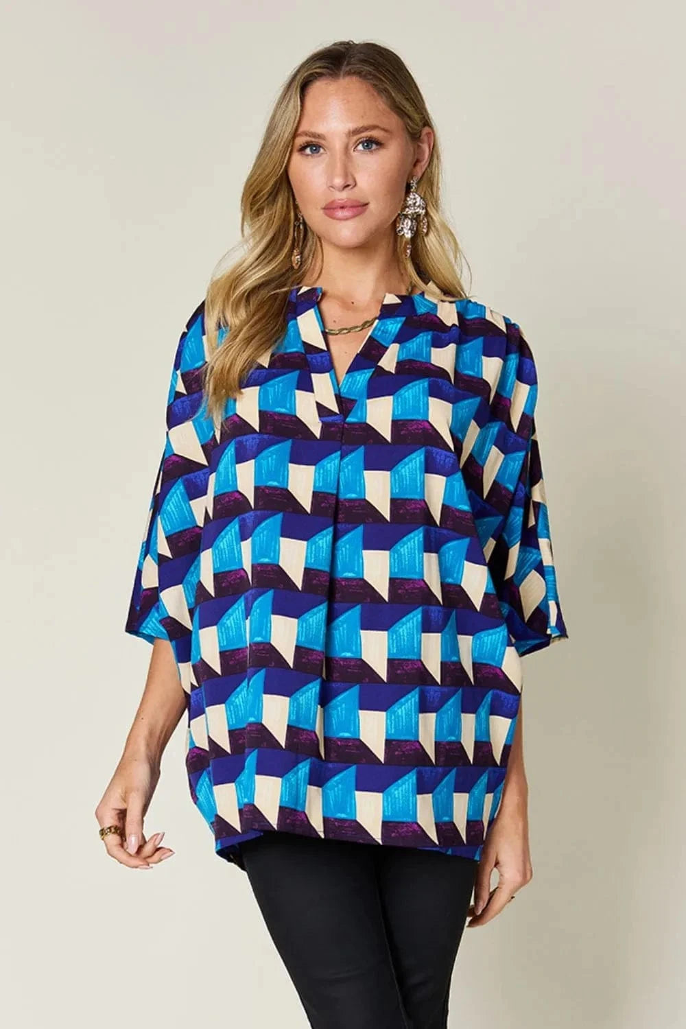 Double Take Full Size Geometric Notched Half Sleeve Blouse - Trendsi