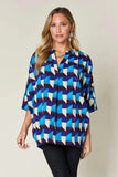 Double Take Full Size Geometric Notched Half Sleeve Blouse - Trendsi