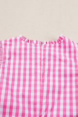 Ruffled Plaid Mock Neck Cap Sleeve Blouse - Trendsi - Flyclothing LLC