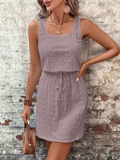 Eyelet Drawstring Round Neck Sleeveless Dress - Trendsi - Flyclothing LLC