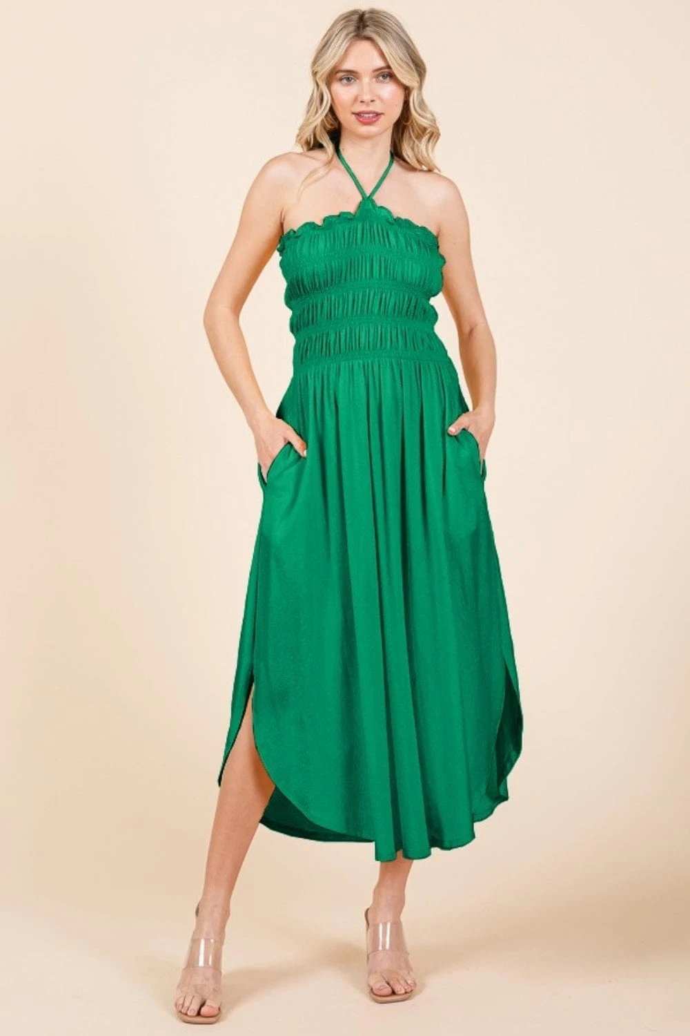 Culture Code Tie Back Shirring Dress with Pockets - Trendsi - Flyclothing LLC