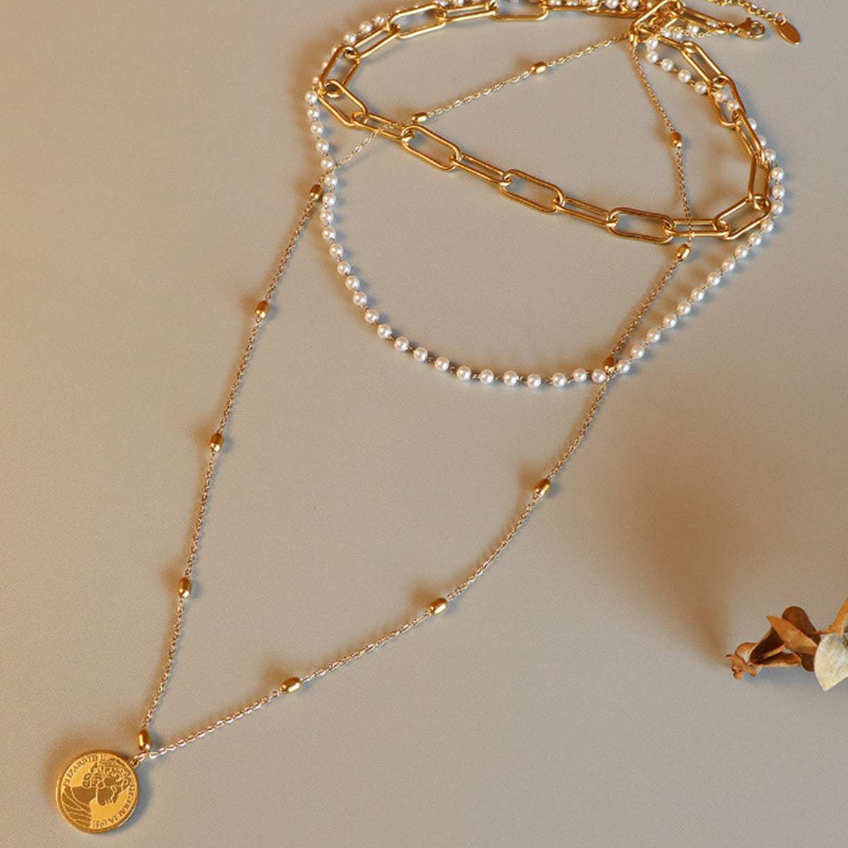 Synthetic Pearl Titanium Steel Three-Layered Necklace - Trendsi - Flyclothing LLC