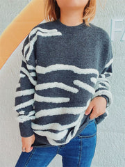 Contrast Round Neck Long Sleeve Sweater - Trendsi