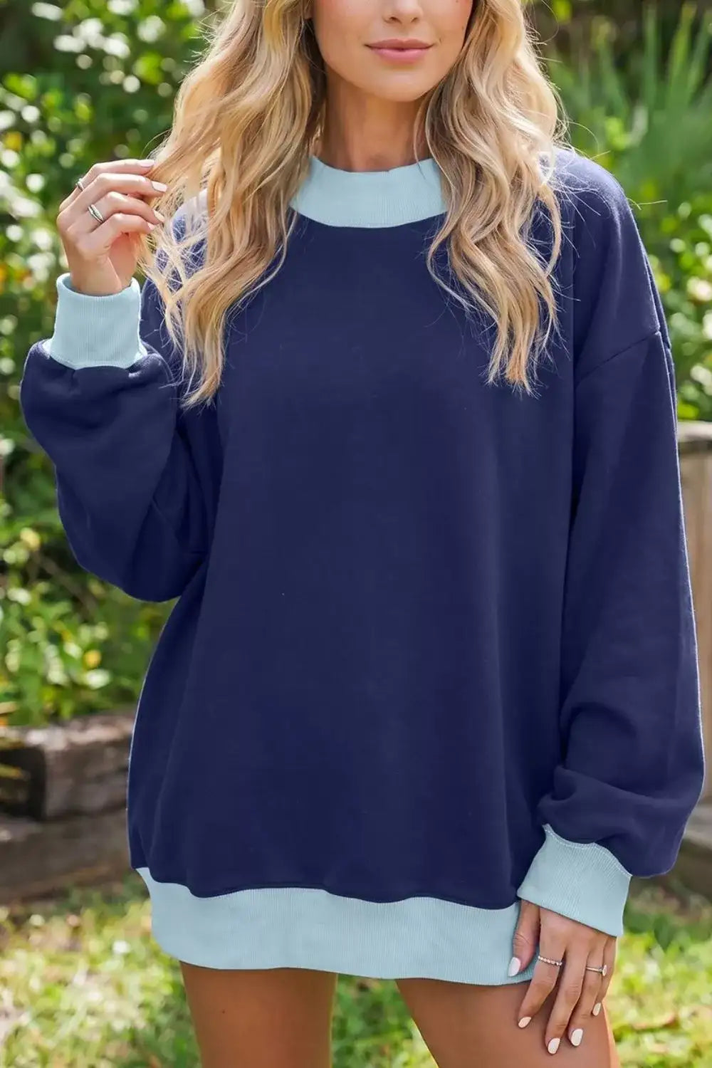 Colorblock Trim Crewneck Long Sleeve Pullover Sweatshirt - Trendsi - Flyclothing LLC