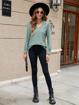 Lace Detail Eyelet V-Neck Flounce Sleeve Blouse - Trendsi - Flyclothing LLC