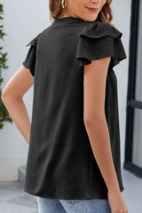 Ruffled Notched Short Sleeve Blouse - Trendsi