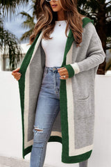 Pocketed Contrast Long Sleeve Hooded Cardigan - Trendsi - Flyclothing LLC