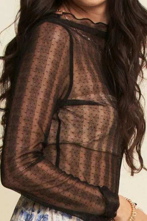Davi & Dani Turtle Neck Lace Dotted Stretch Mesh Sheer Top - Trendsi - Flyclothing LLC