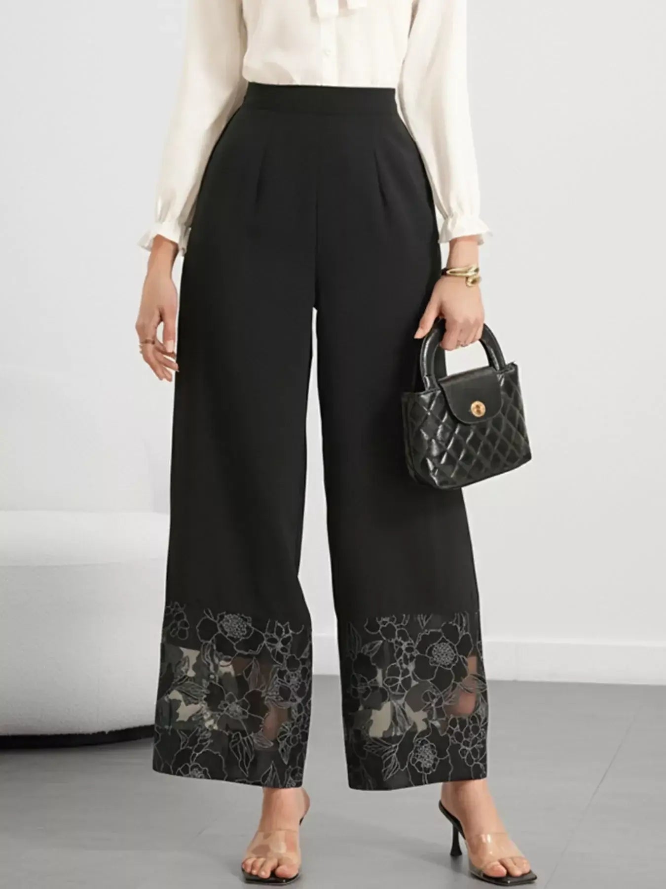 Floral Lace Hem Wide Leg Pants - Trendsi - Flyclothing LLC