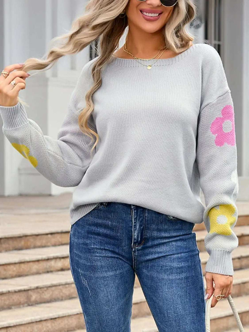 Angel Wings Flower Round Neck Dropped Shoulder Sweater - Trendsi - Flyclothing LLC