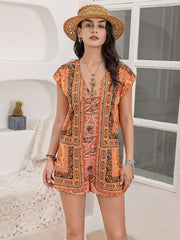 Printed V-Neck Cap Sleeve Romper - Trendsi