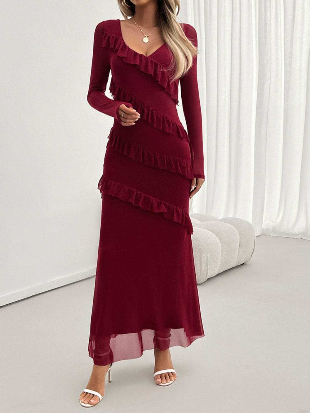 Devine Ruffled Surplice Long Sleeve Maxi Dress - Trendsi - Flyclothing LLC