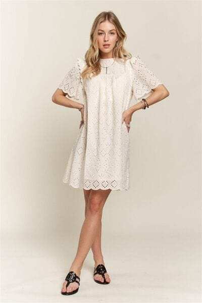 ADORA Ruffled Eyelet Round Neck Dress - Trendsi - Flyclothing LLC