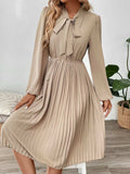 Perfee Pleated Tie Neck Long Sleeve Dress - Trendsi - Flyclothing LLC