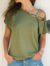 Asymmetrical Neck Short Sleeve T-Shirt - Trendsi - Flyclothing LLC