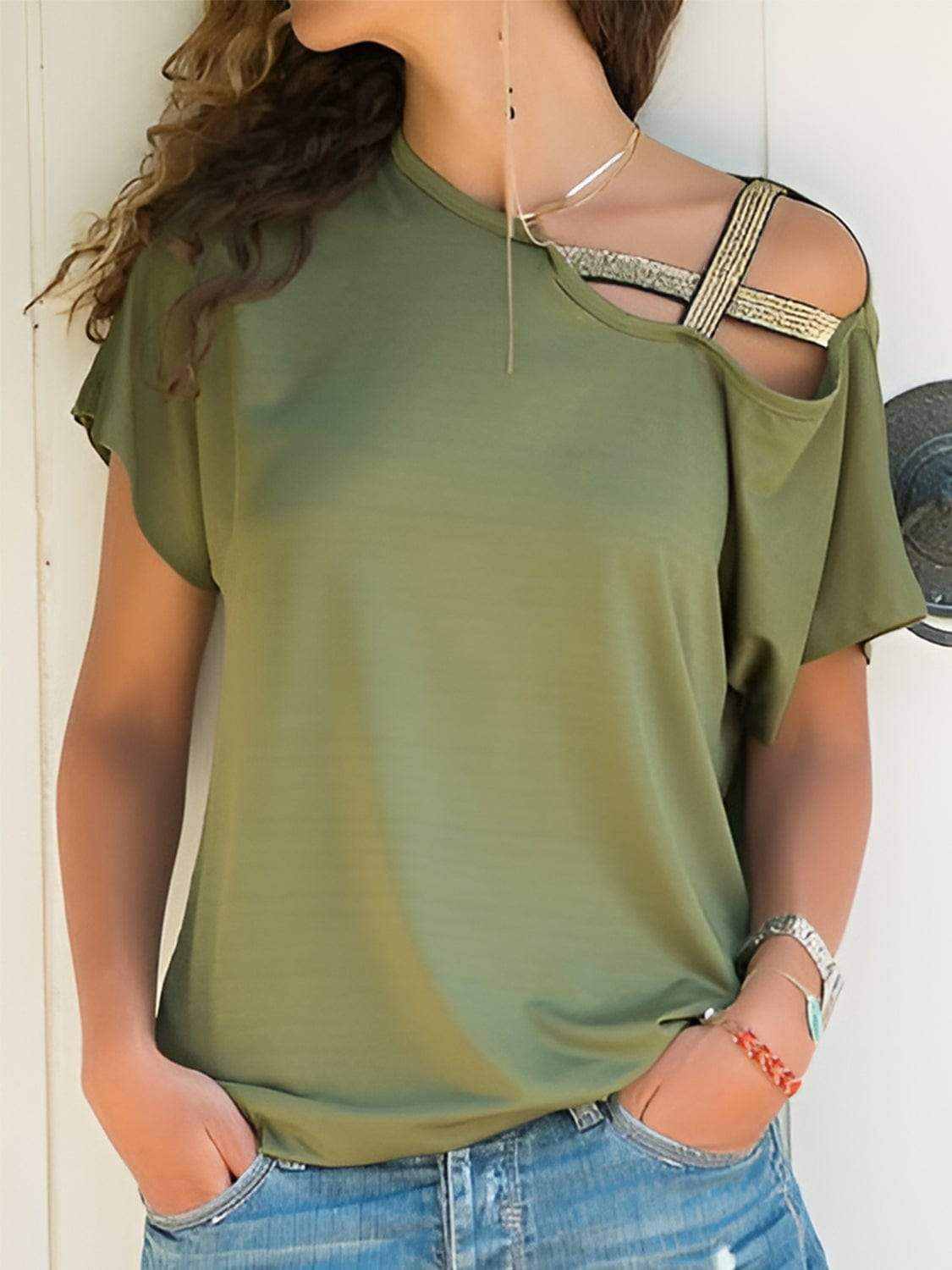 Asymmetrical Neck Short Sleeve T-Shirt - Trendsi - Flyclothing LLC