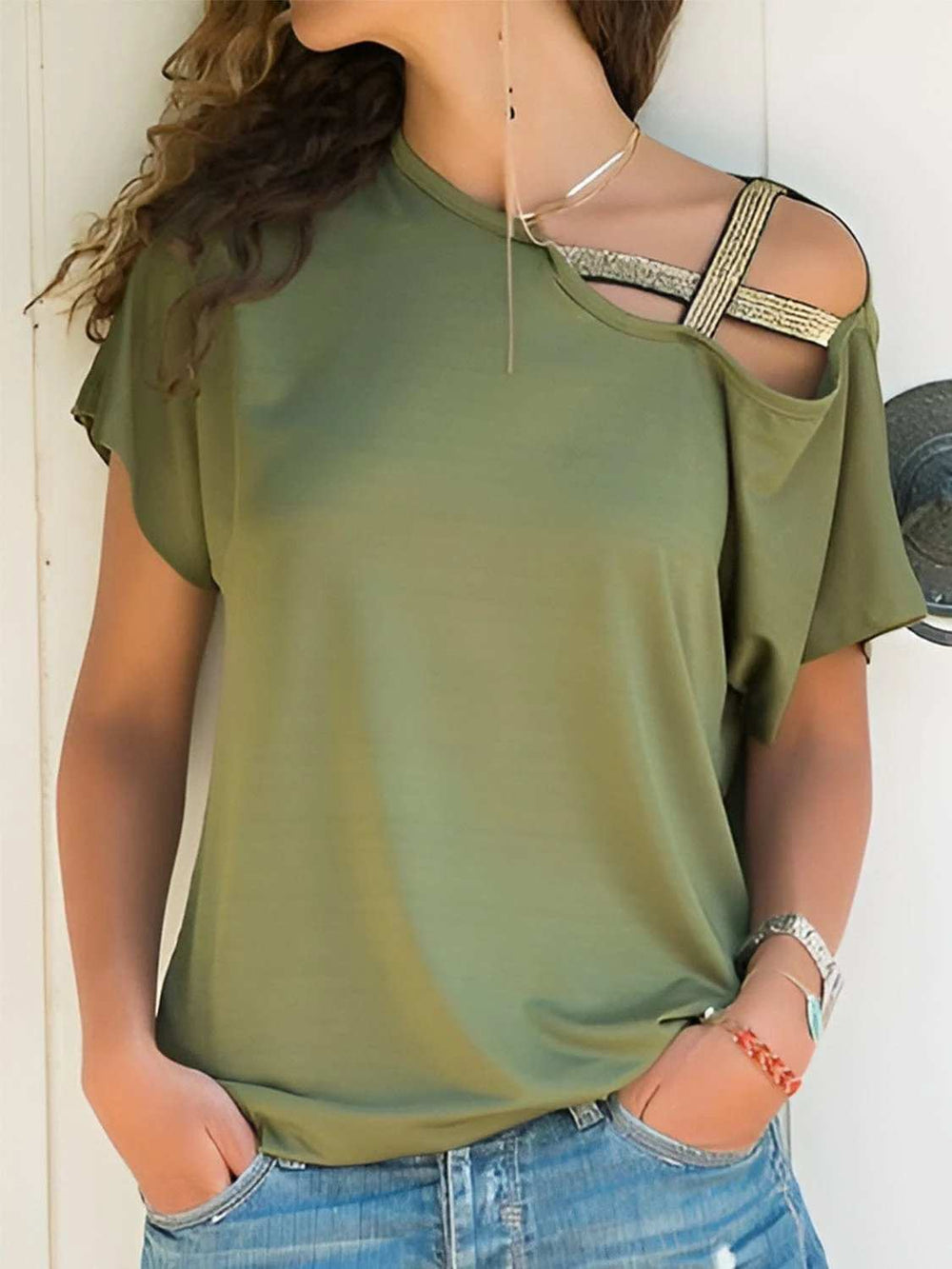Asymmetrical Neck Short Sleeve T-Shirt - Trendsi - Flyclothing LLC