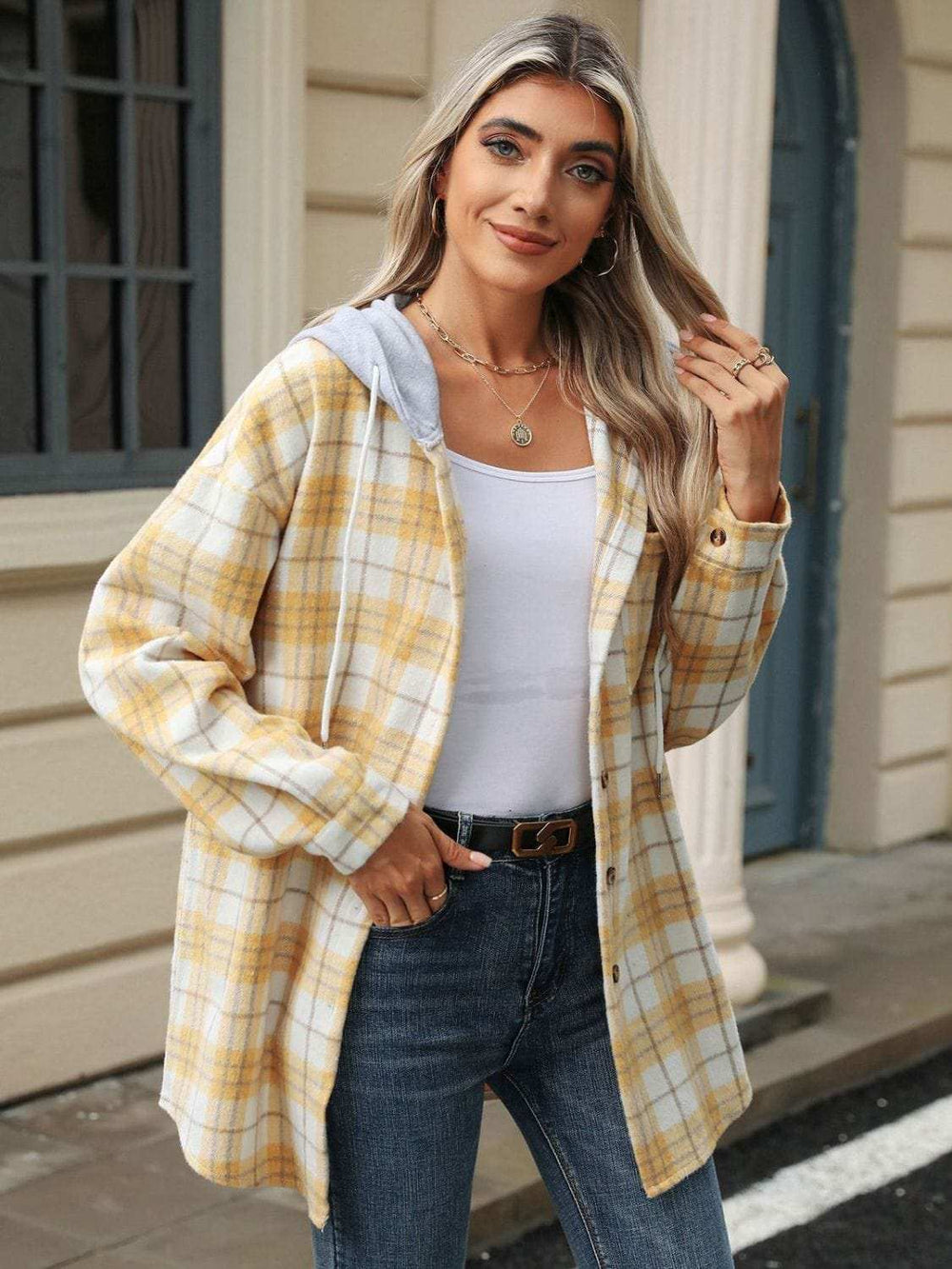 Drawstring Plaid Button Up Hooded Jacket - Trendsi - Flyclothing LLC
