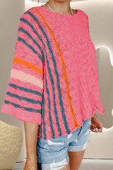 Striped Boat Neck Three-Quarter Sleeve Knit Top - Trendsi - Flyclothing LLC