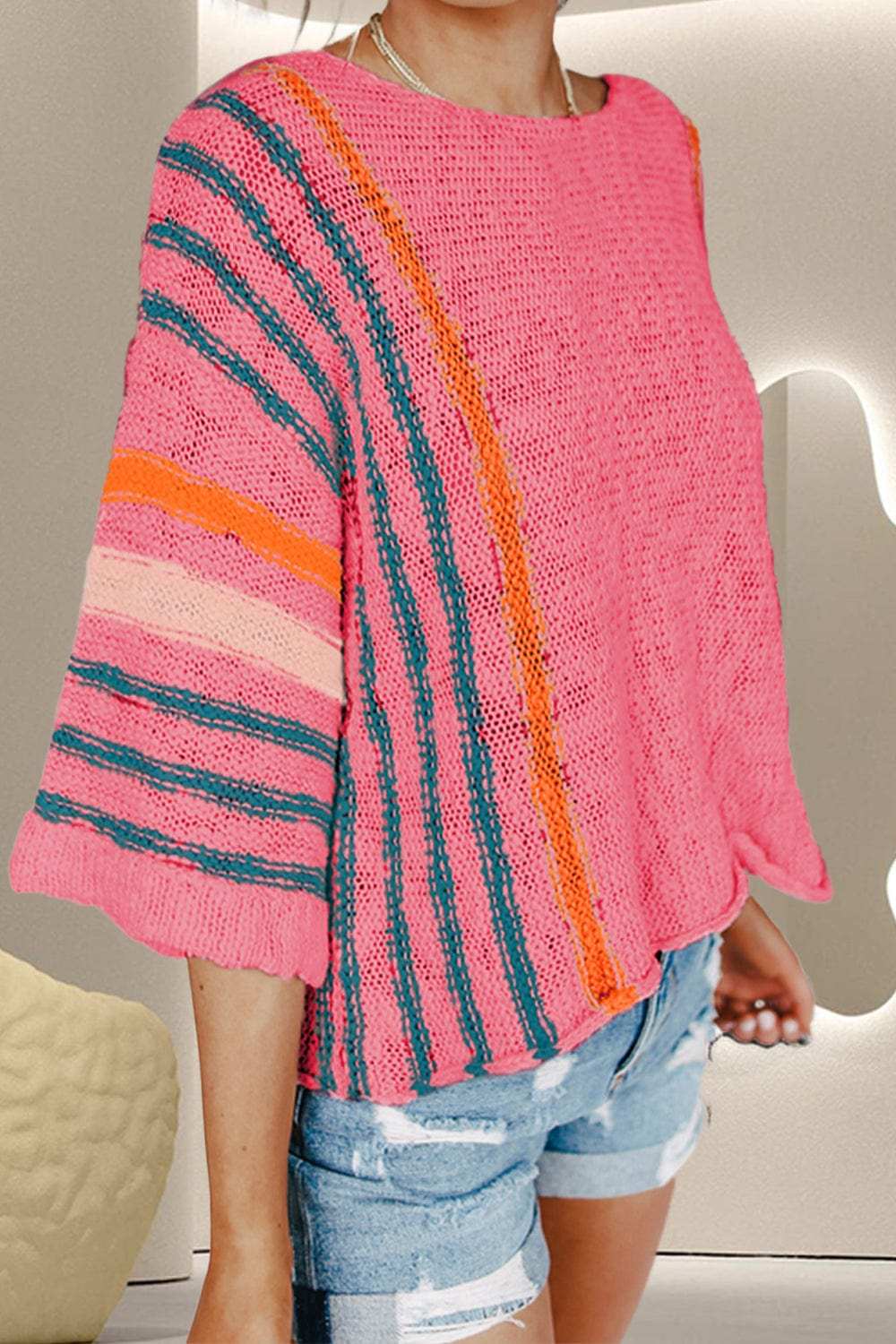 Striped Boat Neck Three-Quarter Sleeve Knit Top - Trendsi - Flyclothing LLC