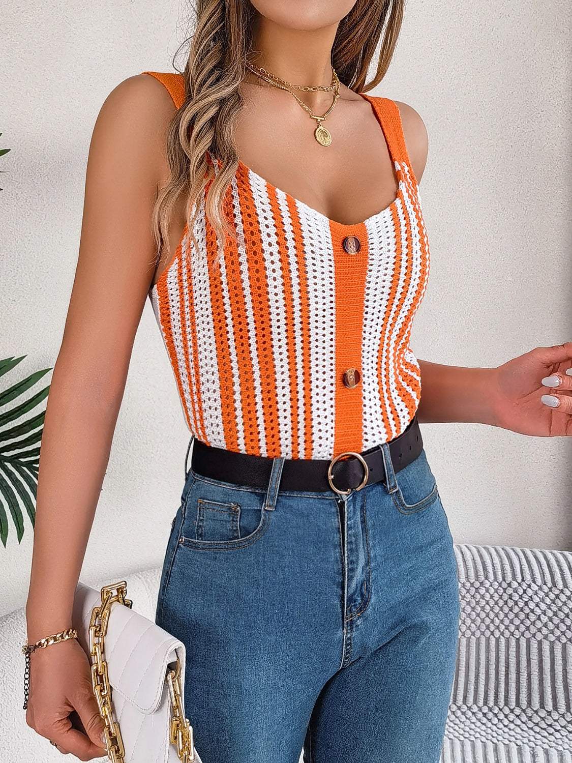 Openwork Striped V-Neck Tank - Trendsi - Flyclothing LLC