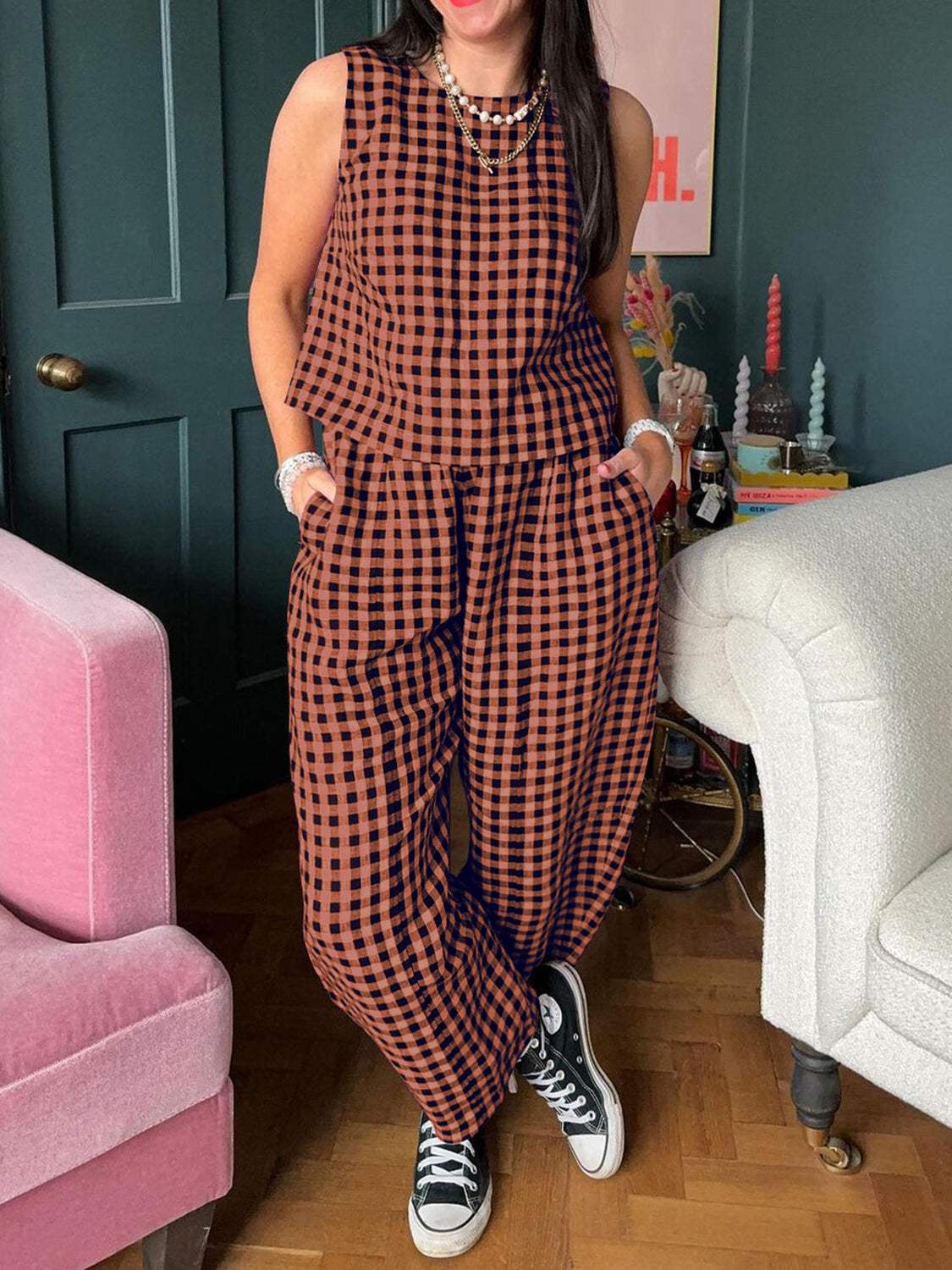 Lovelet Plaid Round Neck Sleeveless Top and Pants Set - Trendsi - Flyclothing LLC