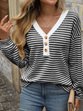 Striped V-Neck Button Front Casual Top - Trendsi - Flyclothing LLC