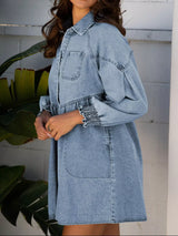 Smocked Cuffs Flared Denim Shirt Mini Dress - Trendsi - Flyclothing LLC