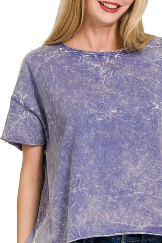 Zenana Washed Crew Neck Short Sleeve Crop Box Tee - Trendsi - Flyclothing LLC