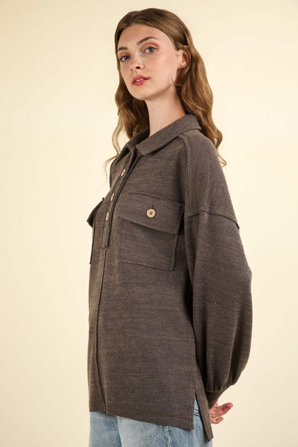 VERY J Collared Half Button Knit Top with Pockets - Trendsi - Flyclothing LLC