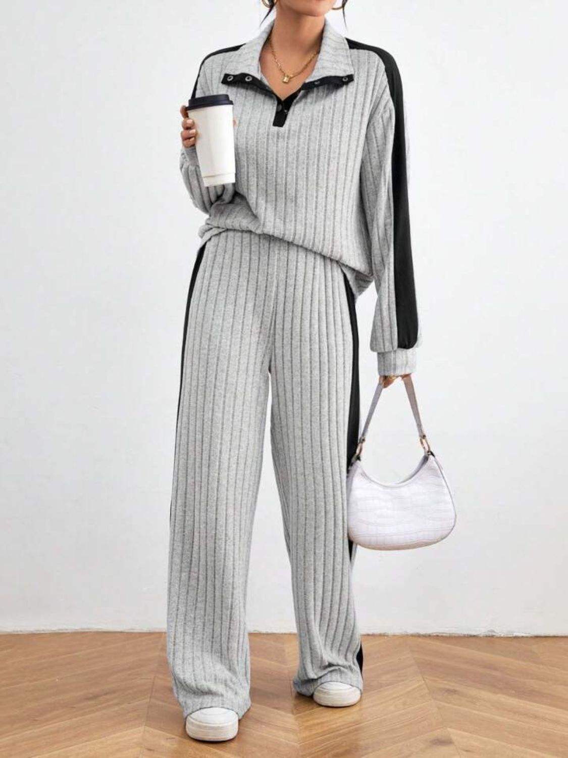 Contrast Collared Neck Long Sleeve Top and Pants Set - Trendsi - Flyclothing LLC