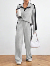 Contrast Collared Neck Long Sleeve Top and Pants Set - Trendsi - Flyclothing LLC