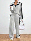 Contrast Collared Neck Long Sleeve Top and Pants Set - Trendsi - Flyclothing LLC