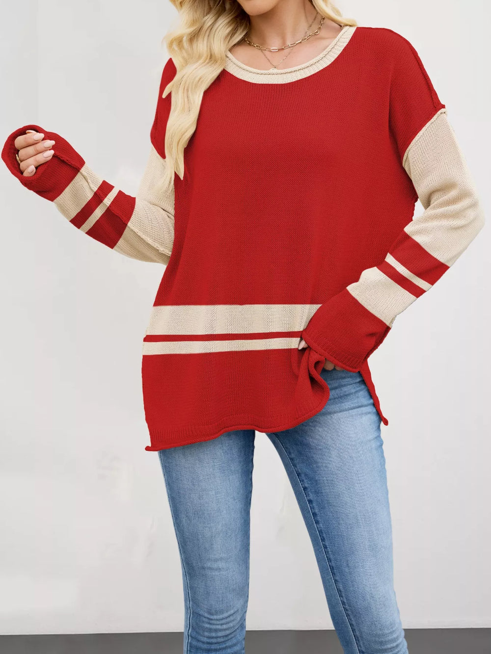 Color Block Side Slit Sweater - Trendsi - Flyclothing LLC