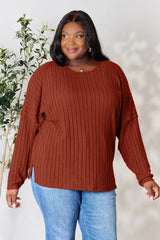 Basic Bae Full Size Ribbed Round Neck Slit Knit Top - ShopBasicbae - Flyclothing LLC