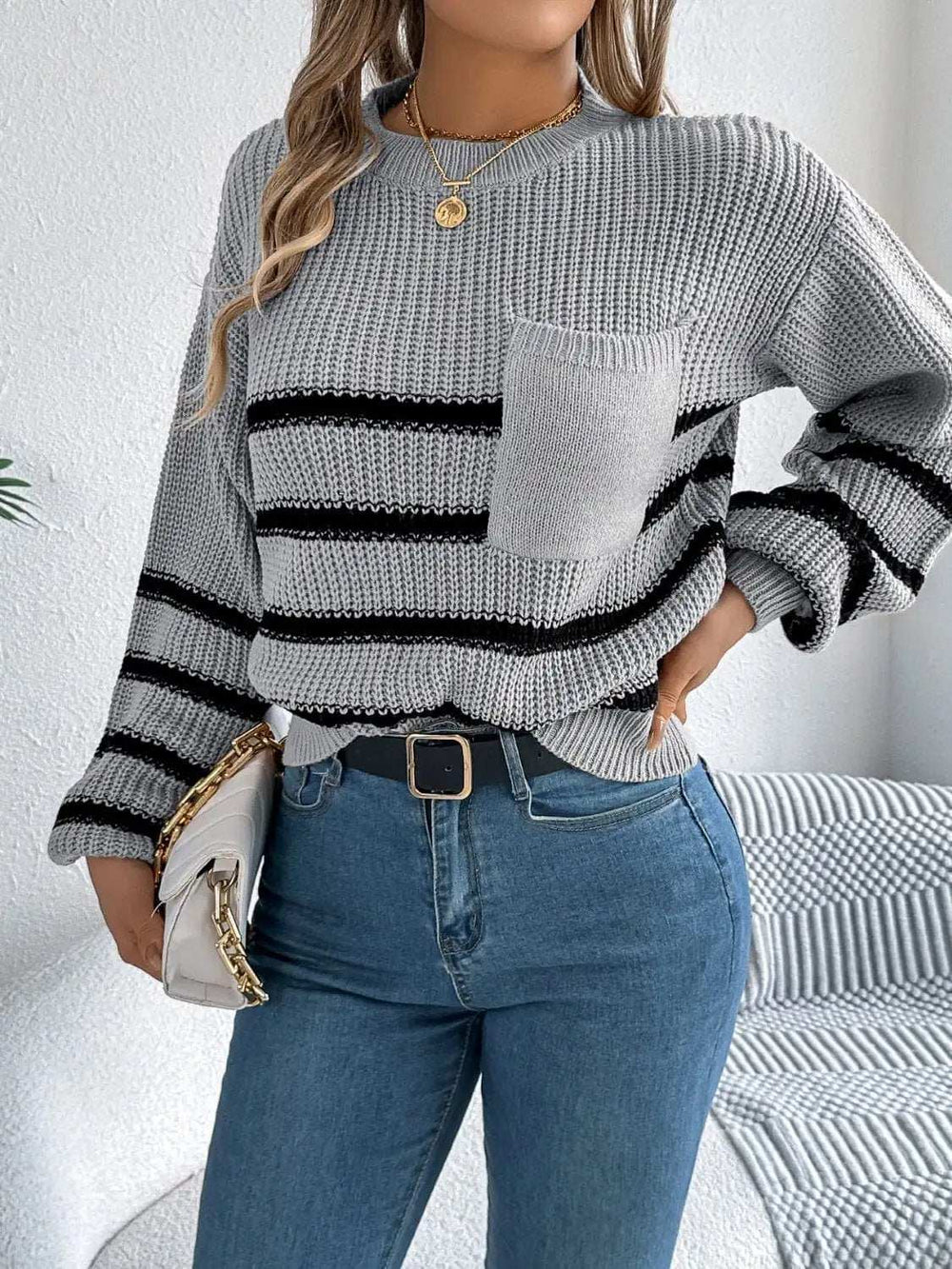 Striped Round Neck Long Sleeve Sweater - Trendsi - Flyclothing LLC