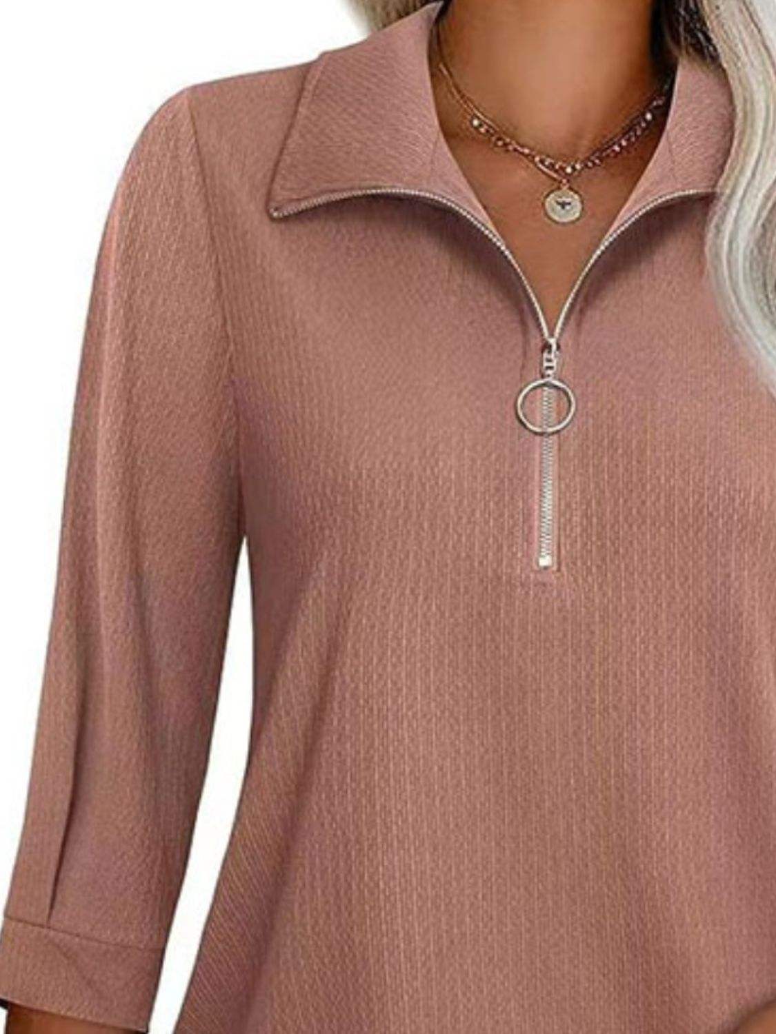 Half Zip Collared Neck Three-Quarter Sleeve T-Shirt - Trendsi - Flyclothing LLC
