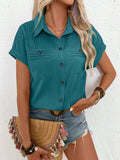 Pleated Detail Collared Neck Short Sleeve Shirt - Trendsi