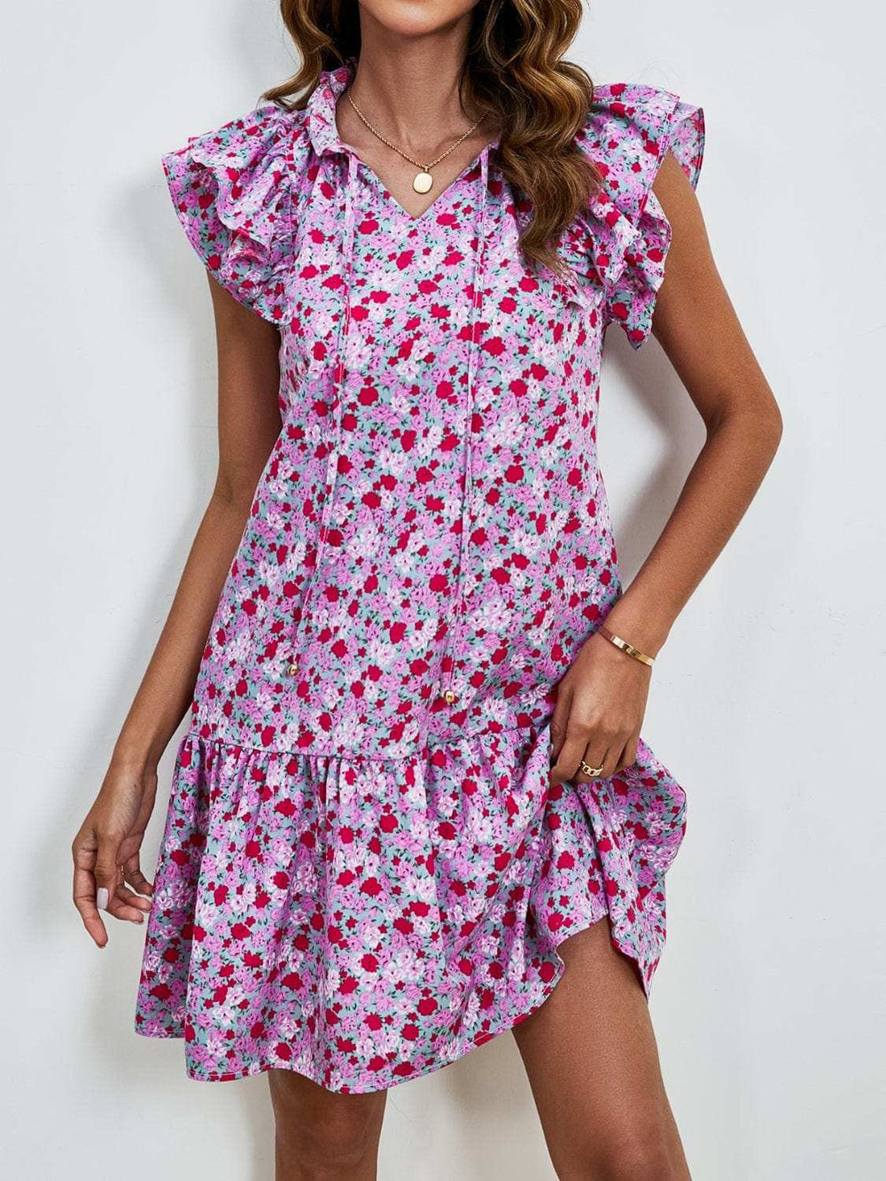Tied Floral Cap Sleeve Mini Dress - Trendsi - Flyclothing LLC