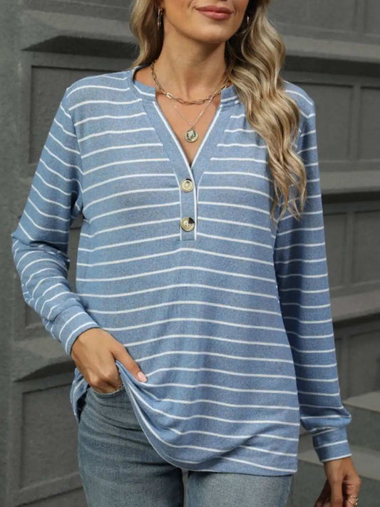 Striped Notched Long Sleeve T-Shirt - Trendsi - Flyclothing LLC